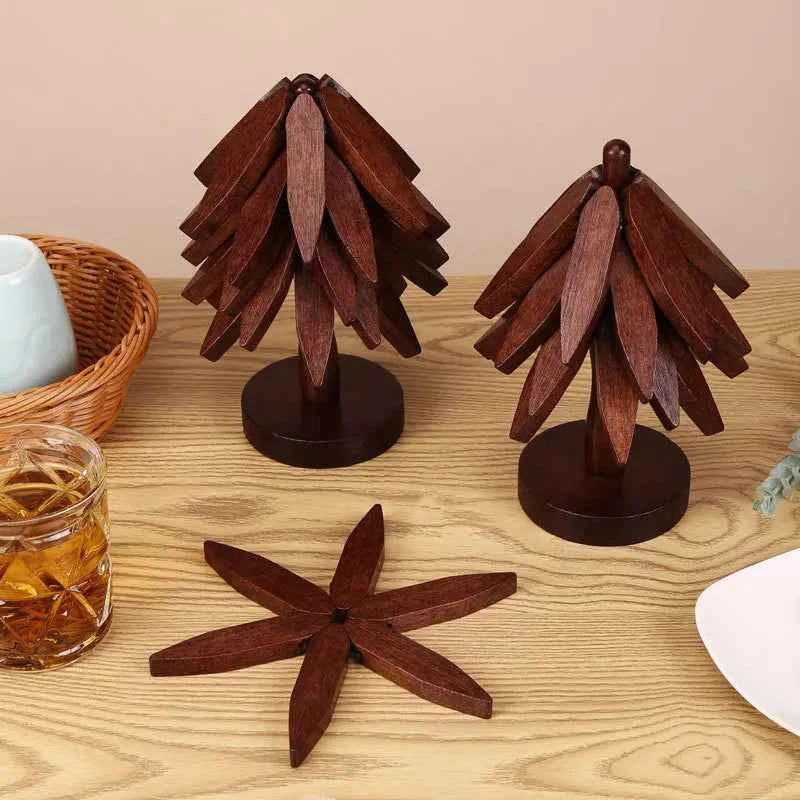 Tree Shape Wooden Trivet Set 4 Trivets + 1 Stand for Hot Dishes Natural Foldable Kitchen Trivet for Pot Bowl Teapot Hot Pot Hold
