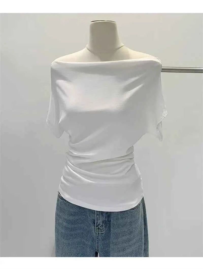 Summer One Shoulder Black Women's T-shirt Short Sleeve Korean Style Slimming Top Exposed Shoulder Fashionable