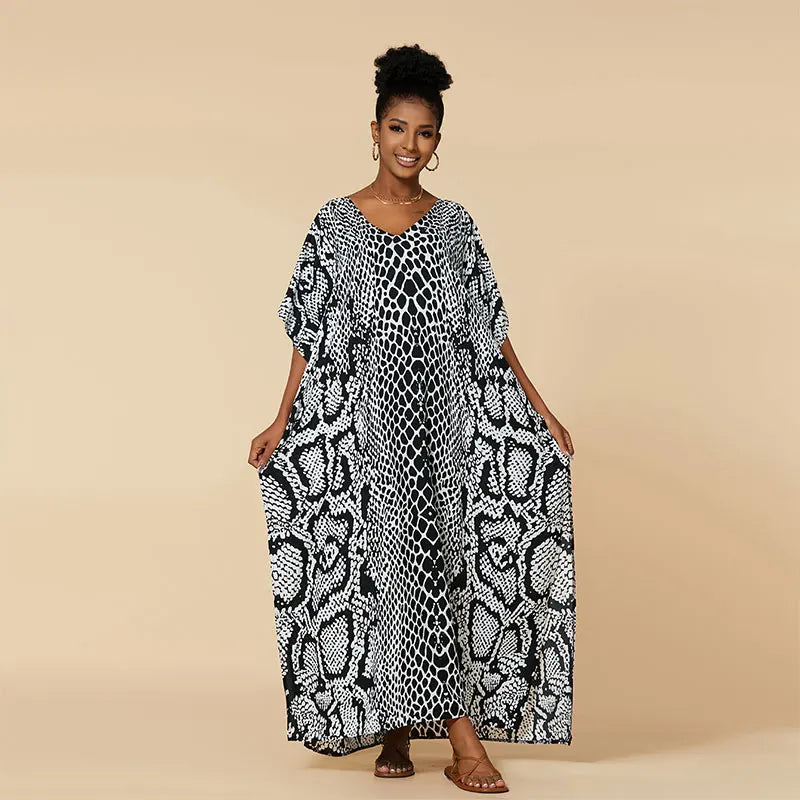 EDOLYNSA 2023 Bohemian Printed Loose Kaftan Casual Summer Vacation Maxi Dress Women Clothing Beach Wear Swim Suit Cover Up Q1469