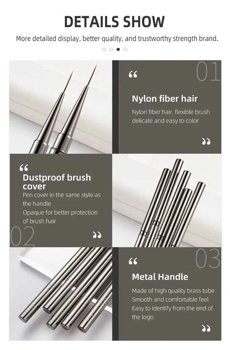 5PCS/set 6/9/12/15/18mm Nail Liner Brush Set Drawing Lines Stripe Painting Flower Pen Nail Art Manicure Metal Handle Brush Set