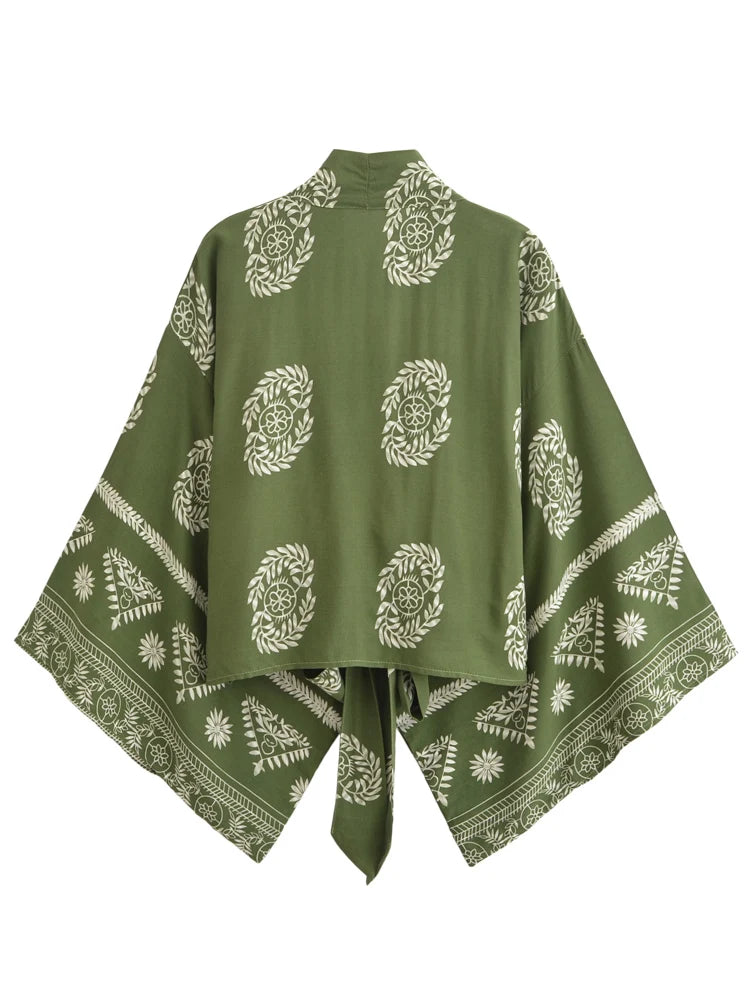 Vintage Women Fashion Boho Kimono Short Robe Swimsuits Floral Print Batwing Sleeves Bohemian Bikini Cover-Ups Beachwear