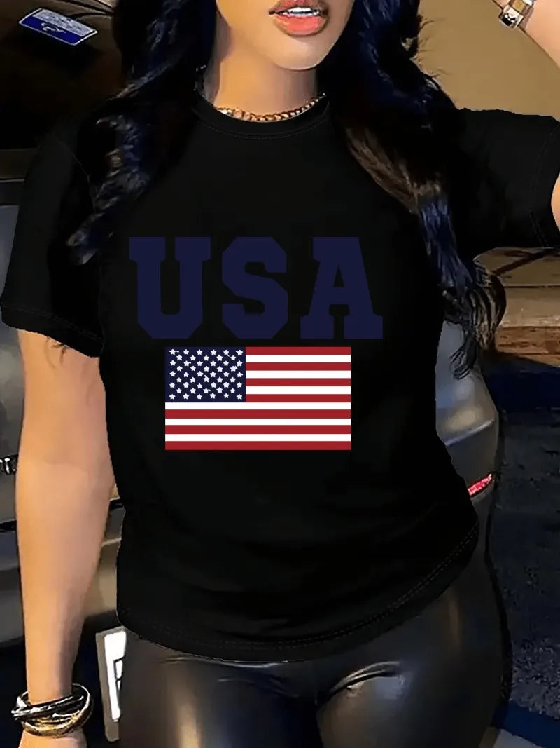 Women'S Patriotic USA Letter Print T-Shirt  Casual Crew Neck Short Sleeve Perfect for Spring  Fall Everyday Tshirt Graphic Tee