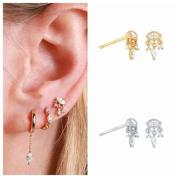 Women's 925 Sterling Silver Ear Needle Crystal Zircon Water Droplets Stud Hoop Gold Huggie Earrings Premium Luxury Party Jewelry