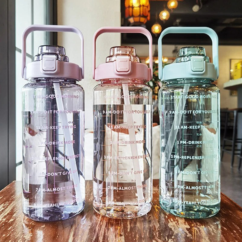 2 Liter Big Water Bottle With Straw Outdoor Sports Female Travel bottles Fitness Cup Summer Cold Water Jug with Time Marker