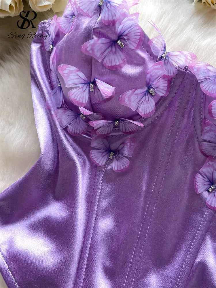 SINGREINY 3D Butterfly Satin Sexy Top European Sleeveless Fishbone Corset 2024 Female Senior Streetwear Hotsweet Strapless