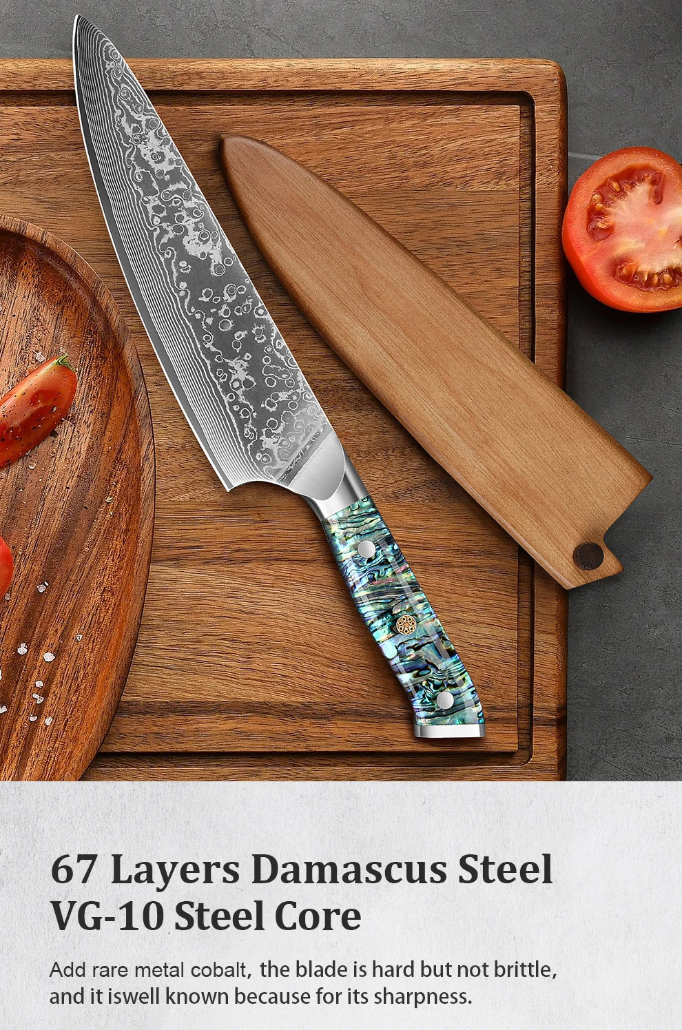 8' Kitchen Chef Knife Damascus Steel 67 Layer l Sharp Kitchen Cooking Knife Abalone Shell Handle
