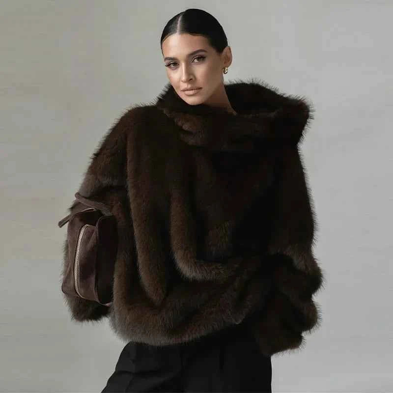 Women Solid Faux Fur Hooded Pullover Casual Full Sleeve Warm Loose Thick Tops Lady New Daily Chic Elegant Winter Outwear 2025