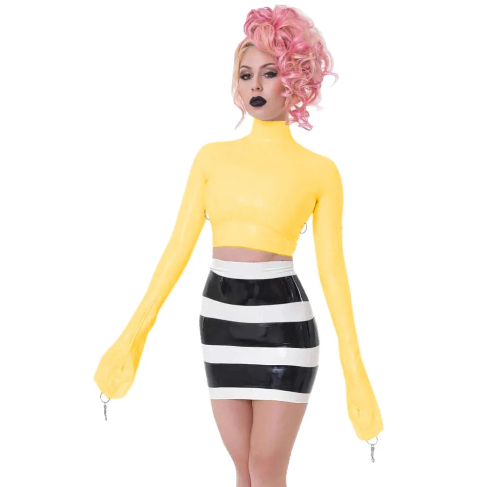 Sexy Crop Tops with Finger High Neck, Slim Skinny Leather, PVC Short Shirts, Vinyl Sexy Top with Lock Key, Club Night