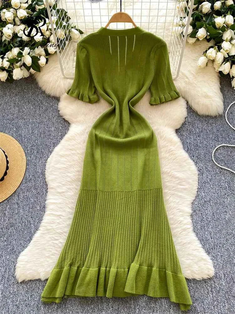 SINGREINY Summer OL Knit Dress 2025 Women V Neck Button Design Slim Mermaid Sundress Fashion Elastic Solid Bohemian Long Dress