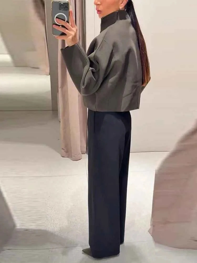 Vintage Stand Collar Women's Cropped Jacket Zipper Loose Full Sleeve Thick Warm Coat 2025 Autumn Winter Lady New in Outwear
