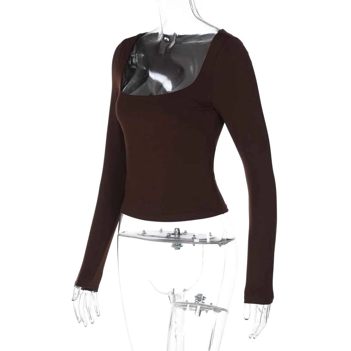 Dulzura Autumn Fashion Sexy Square Collar Long Sleeve Slim T-Shirt Women'S Solid Casual Top Party Club Street Clothes Wholesale
