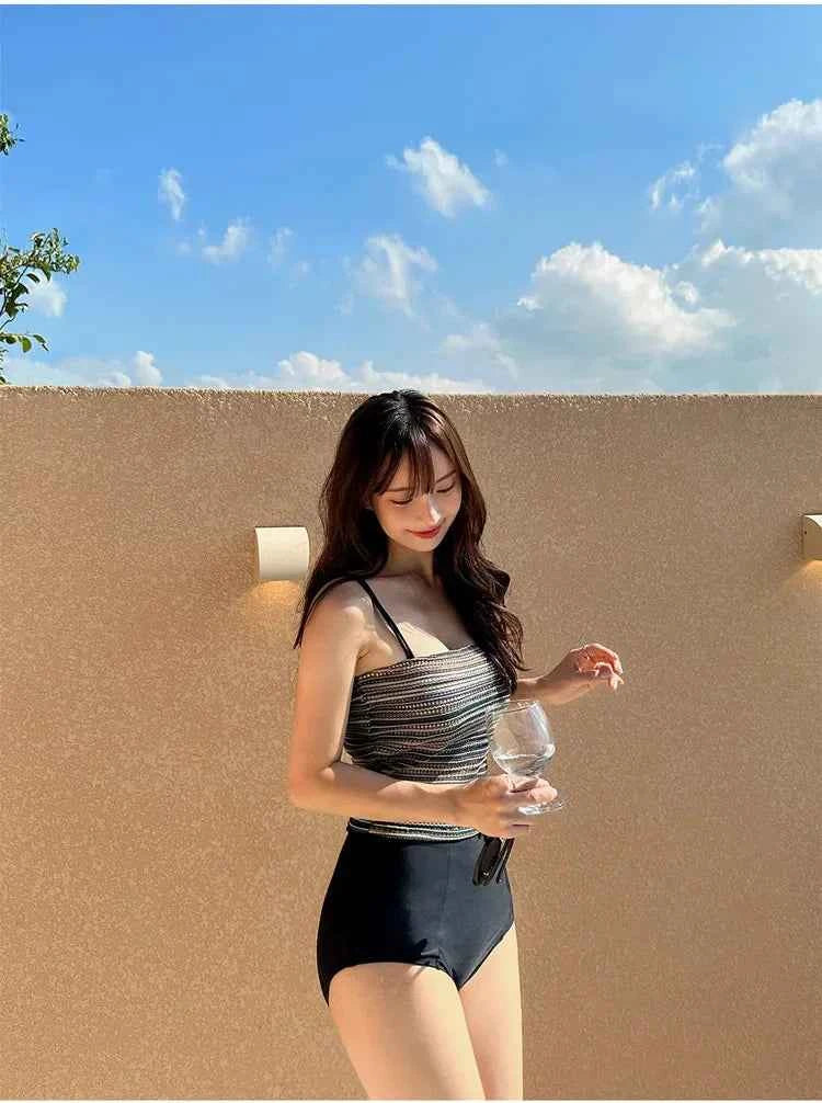 High Waist Two-Piece Swimsuit for Women Slimming Belly Cover up Stylish Korean Design Ideal for Swimming Student Girls