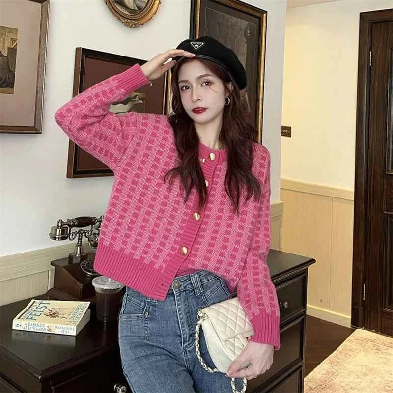 Y2k Pink Women Cardigan Korean Sweet Plaid Long Sleeve Female Sweaters Harajuku New O Neck Preppy Style Ladies Tops