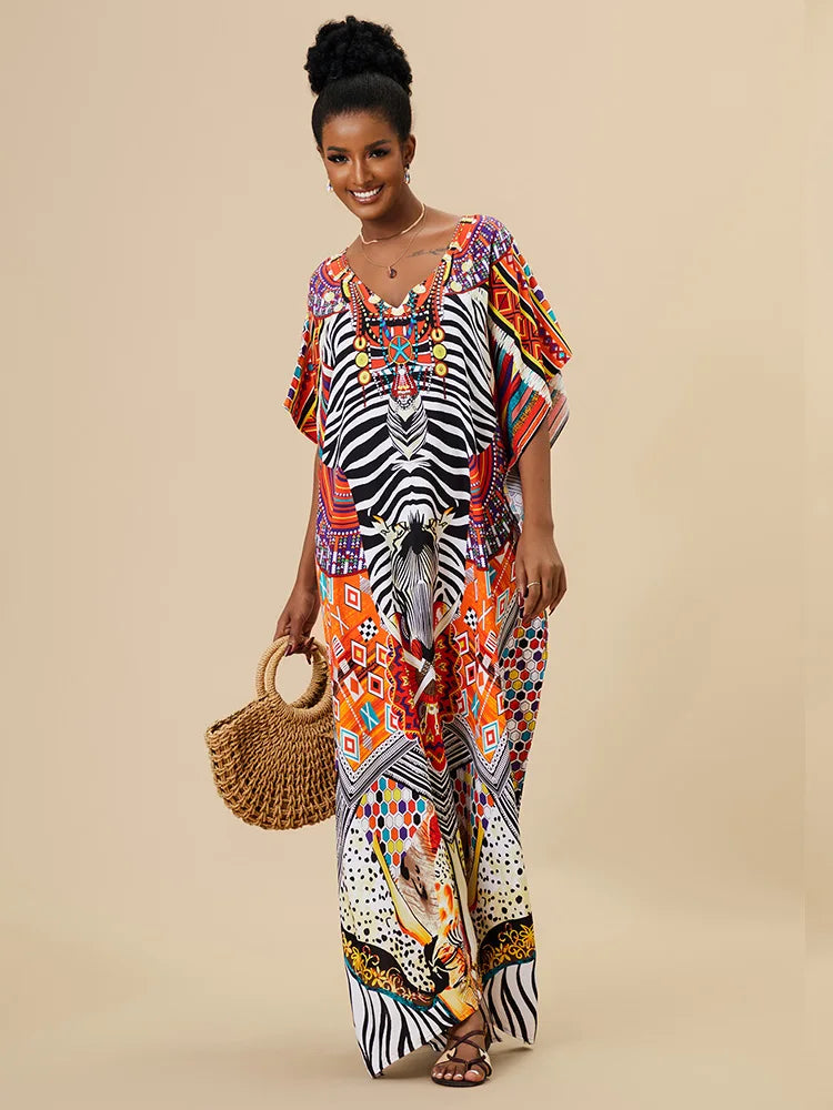 EDOLYNSA 2023 Bohemian Printed Loose Kaftan Casual Summer Vacation Maxi Dress Women Clothing Beach Wear Swim Suit Cover Up Q1469