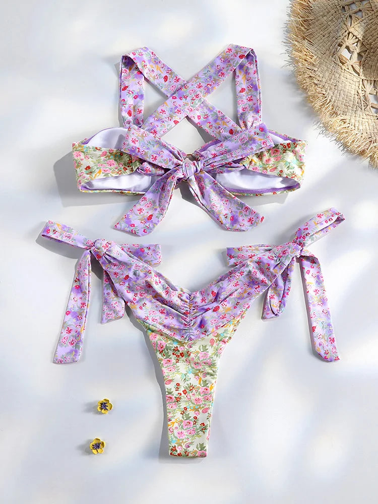 Sexy Bikinis Micro Thongs Swimsuit Women Bathing Suit Rings Biquini Bandage Beachwear Print Swimwear Sexy Bikini Sets With Chain
