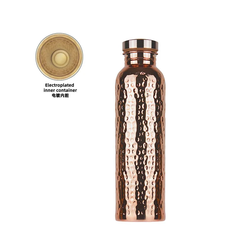 800ML Electroplated Copper Water Bottle One-Click Open Lid Anti-Slip Silicone Base Hammer Pattern Bottle Sports Bottle