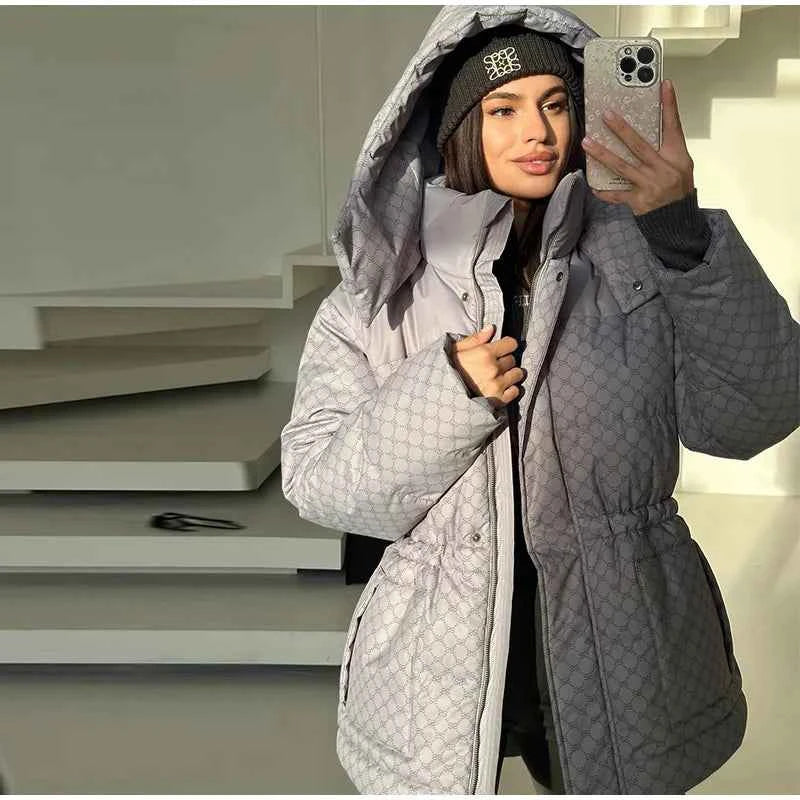 Printed Female Winter Cotton Quilted Jacket Hooded Thicken Zipper Single Breasted Long Sleeve 2025 New Casual Coat Loose Outwear