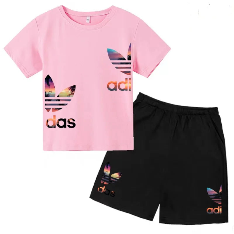 Kids T-shirt Set Colorful Letter Print Boys Girls 3-12Yrs Gift Short-sleeved+shorts 2P Round Neck Sports Casual Charming Clothes