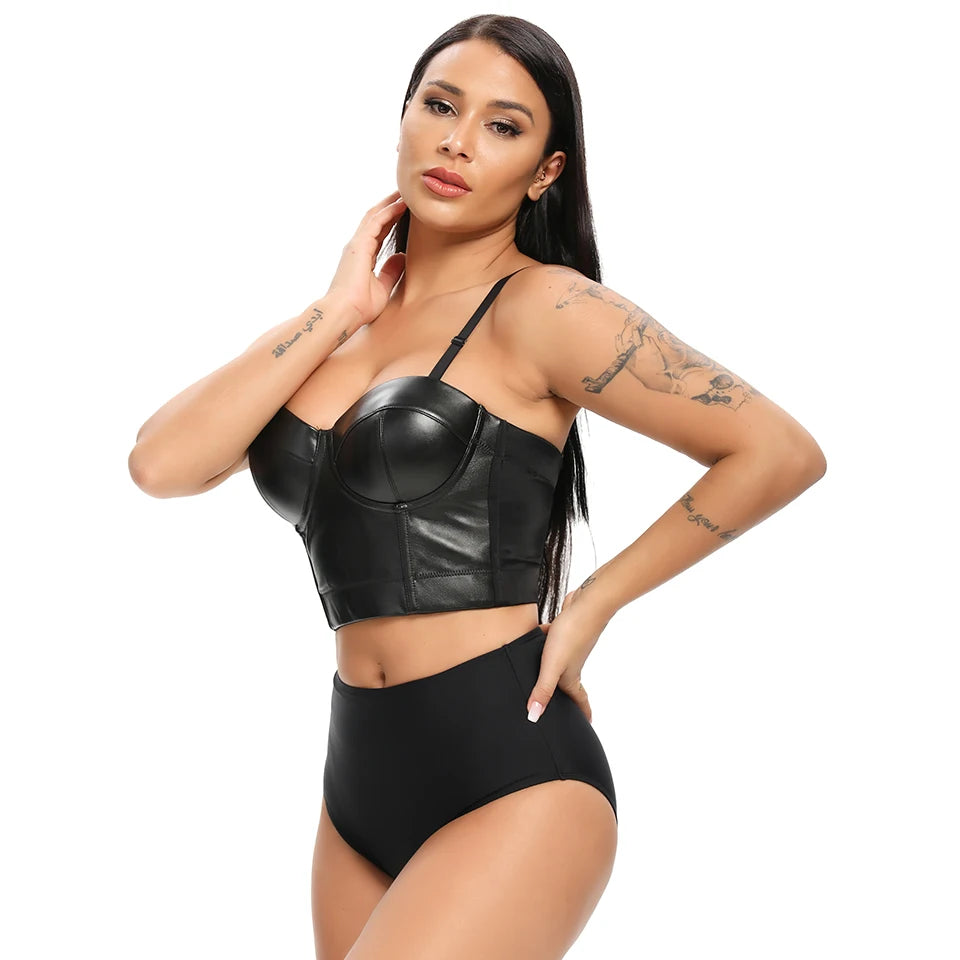 Aonve Women Summer Sexy Top PU Leather Festival Clothing Tops Bralette Cropped Top Female Punk Goth Clubwear Black Red Plus Size