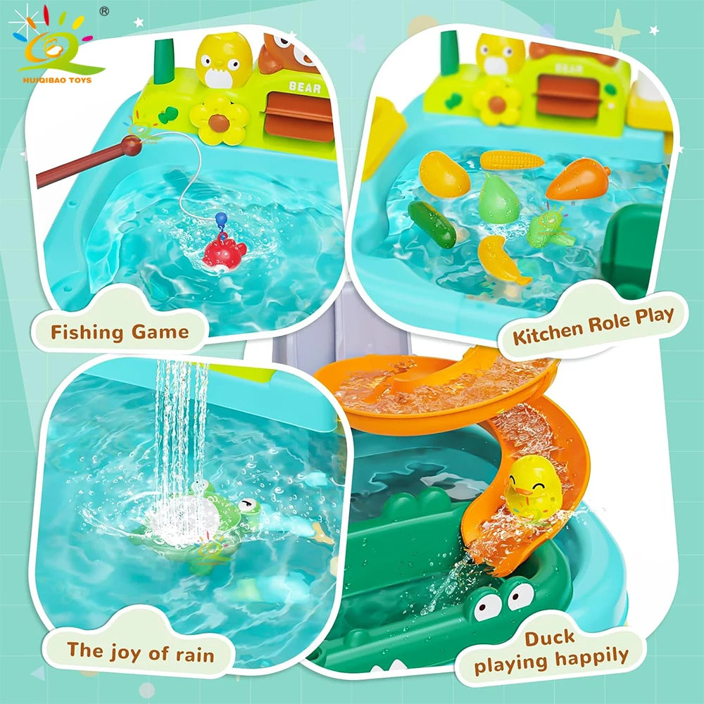 Electric Kitchen Play Set for Kids, Sink, Fishing Slide Water Park, Family Role-Playing Games, Early Learning Toys for Babies