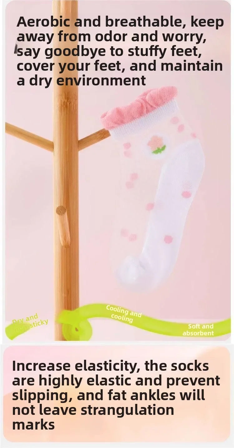 5 Pairs/Baby Girl Summer Socks Thin Ice Silk Mesh Crystal Breathable Cotton Short Mid Calf Boat Socks for Kids
