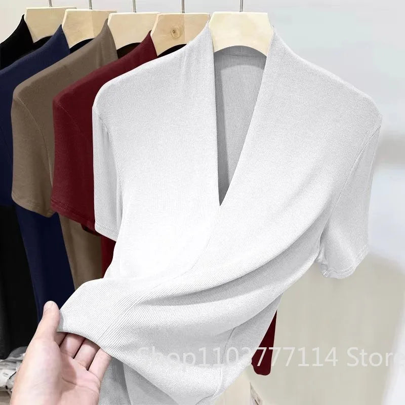Summer Threaded Women's Short-sleeved T-shirt Fashion Versatile Base Shirt Plus Size Slim Fit V-neck T-shirt Casual and Sexy Top