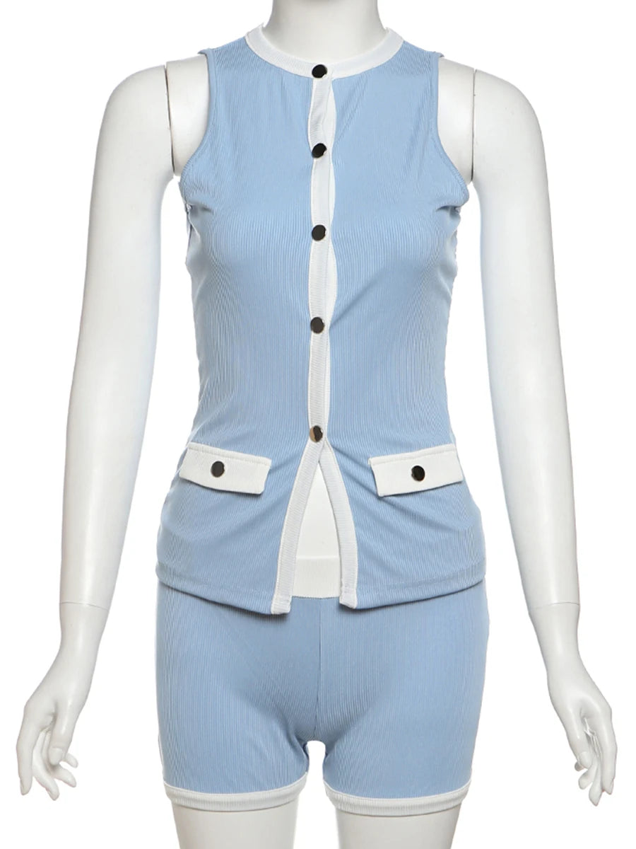 Sisterlinda Spring Release Junior Fashion Mini Sexy High Street Short Suit K25S63285 Girl Knit Solid Slim Sleeveless Vest Suit