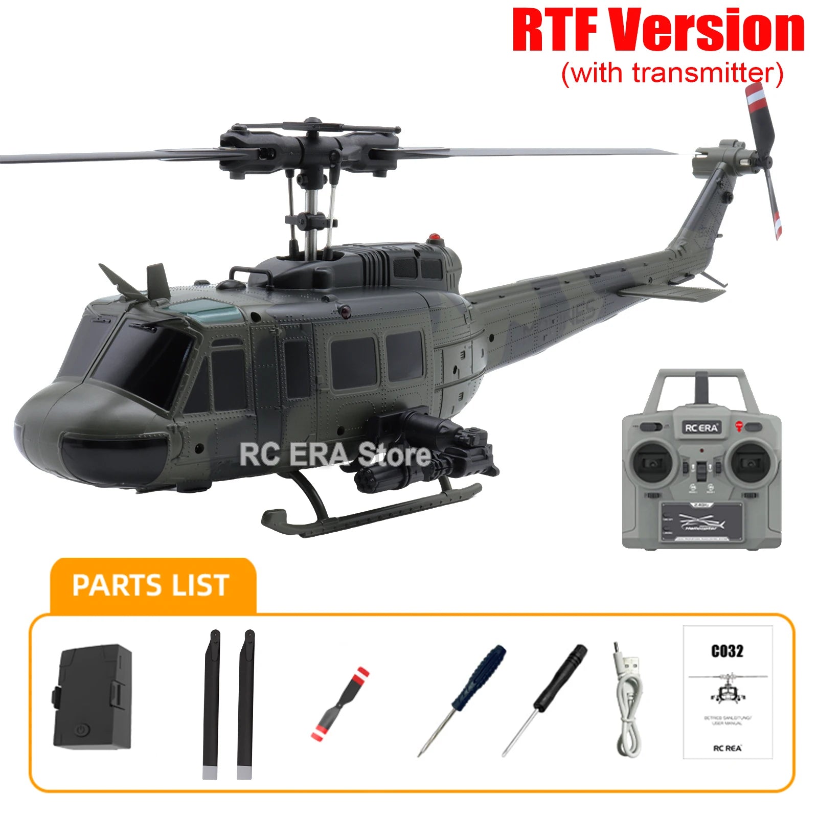 RC ERA C032 UH1 Huey Weathered Marine 6ch RC Helicopter with Optical Flow TOF Auto Stabilized Remote Control Hobby Toys for Boy