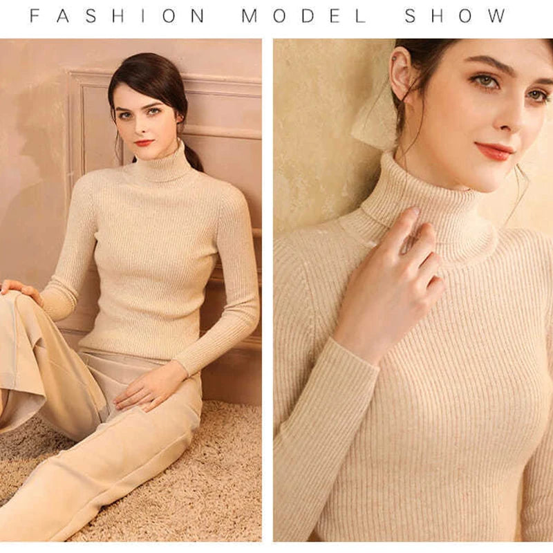 2026 Simple Women Turtleneck Sweater Winter Fashion Pullover Elastic Knit Ladies Jumper Casual Solid Black Female Basic Tops