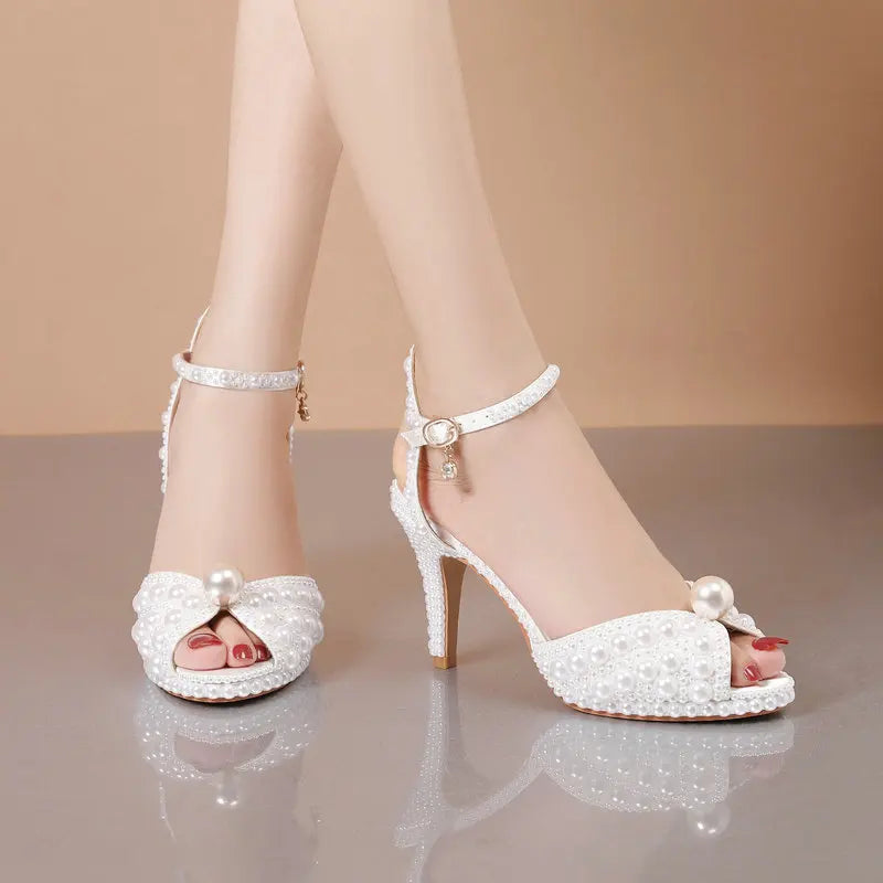 2025 Autumn New Fish Mouth High Heels Waterproof Platform Shallow Mouth 8.5cm Pearl Women'S Single Shoes Bride Wedding Shoes