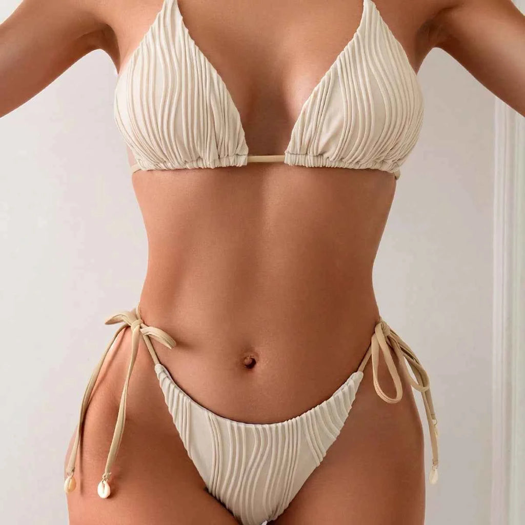 2025 New Tight Two-Piece Bikini Set Sexy Women Solid Halter Swimsuit Hollow Backless Swimwear Summer Push Up Beach Bathing Suit