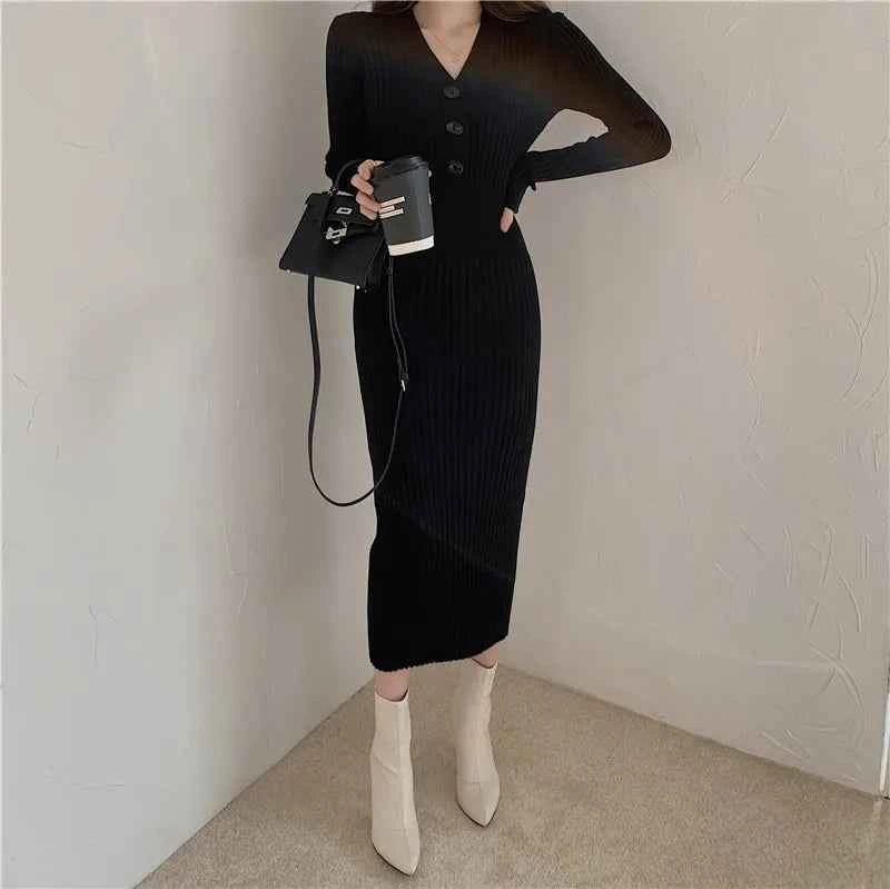Autumn Winter Sweater Dress For Women 2024 New Arrivals Buttons Up V Neck High Waist Long Knitted Dress Korean Maxi Dresses