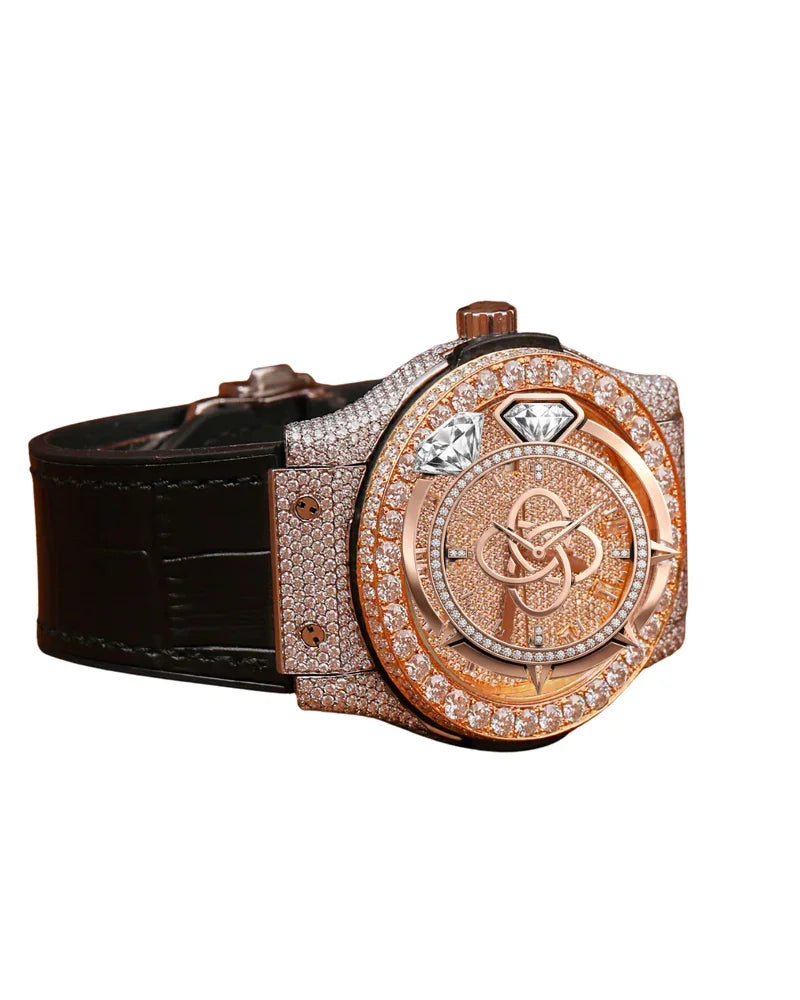 Luxury Antique Diamond Encrusted Quartz Analog Watch Rose Gold Tone Case Rubber Band Roman Numeral Dial Men's Fashion