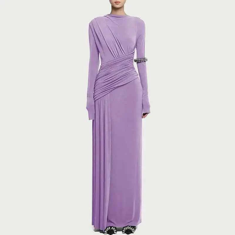 QMQA Fashion Women's Asymmetric Pleated Elegant Dress Solid Color Long Sleeve High Waist Slimming Party Dresses 2025 New QM519