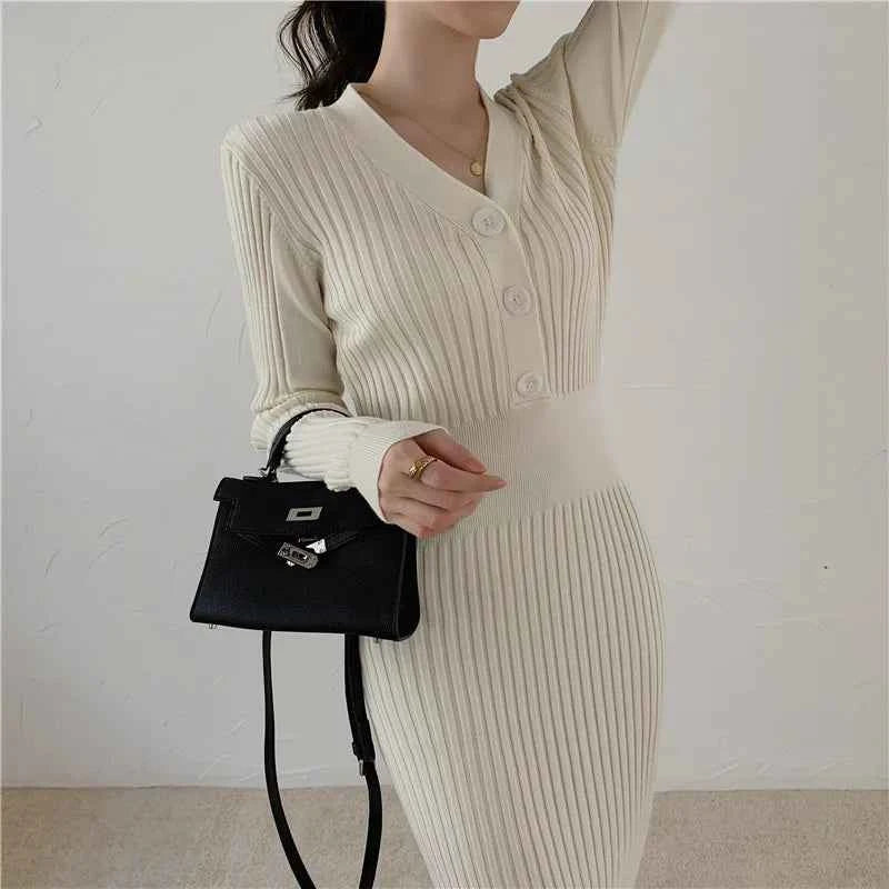 Autumn Winter Sweater Dress For Women 2024 New Arrivals Buttons Up V Neck High Waist Long Knitted Dress Korean Maxi Dresses