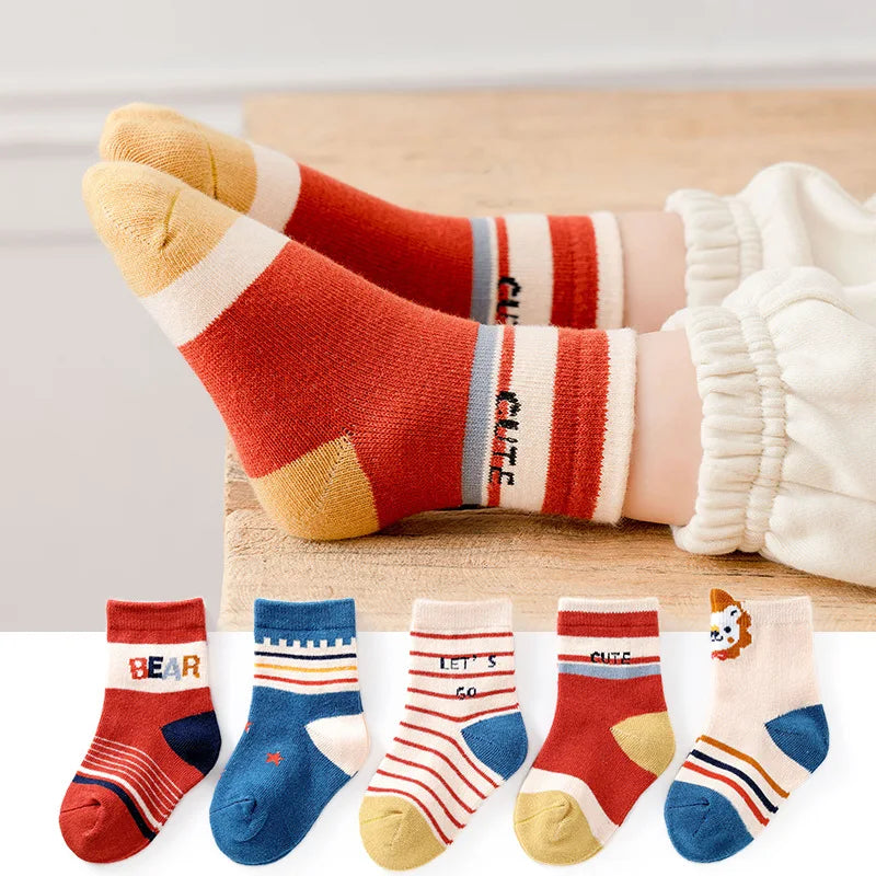 5 Pairs of Cute Cartoon Ankle Socks With Warm and Durable Stripes Designed for Comfortable Fall and Winter Wear