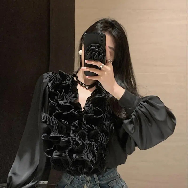 Temperament Lady Tops Blouses for Women V-neck Long Sleeve White Shirts 2025 Blusas Mujer De Moda Ruffles Loose Summer Blouse