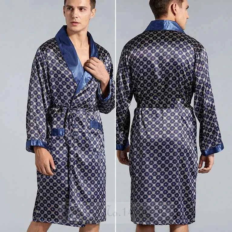 Plus Size 3XL 4XL 5XL Men Robe Sleepwear Navy Blue Stripe Kimono Bathrobe Gown with Pocket Summer Satin Home Clothes Lounge Wear