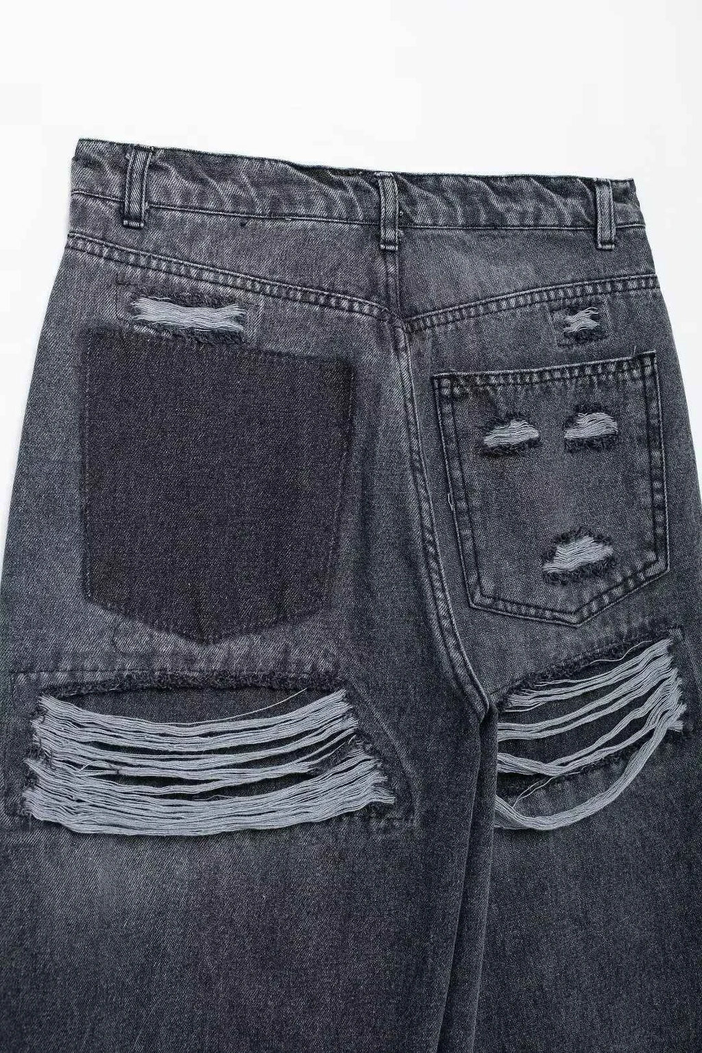HH 2024 Women's Street Fashion Denim Blue Jeans Distressed Patchwork High Waist Zipper Fly Ripped Retro Long Pants
