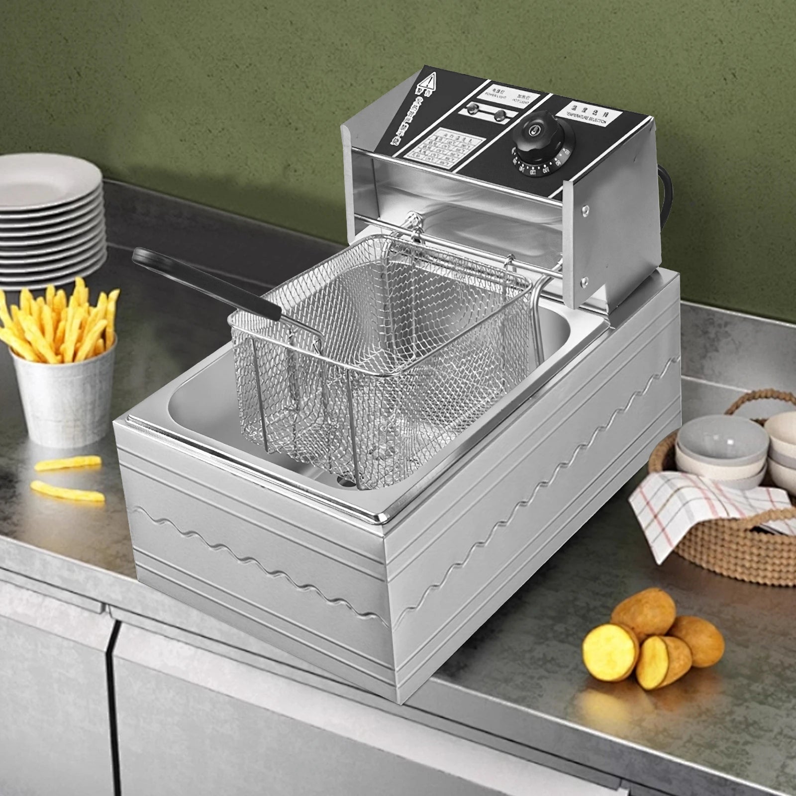 6L Electric Deep Fryer Stainless Steel Countertop Fryer with Basket for Fried Chicken French Fries with Time & Temp Control