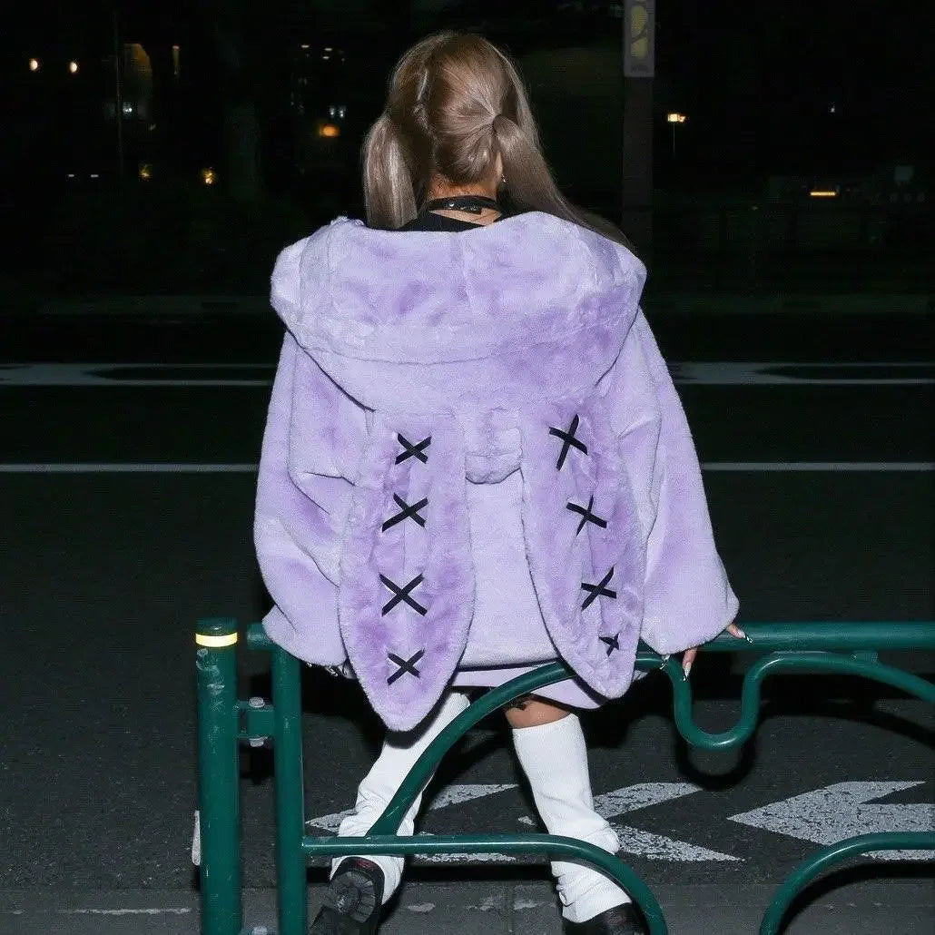 2026 New Harajuku Rabbit Ears Plush Coat Winter New Japanese Plush Coat Women Dark Punk Medium Plush Coat