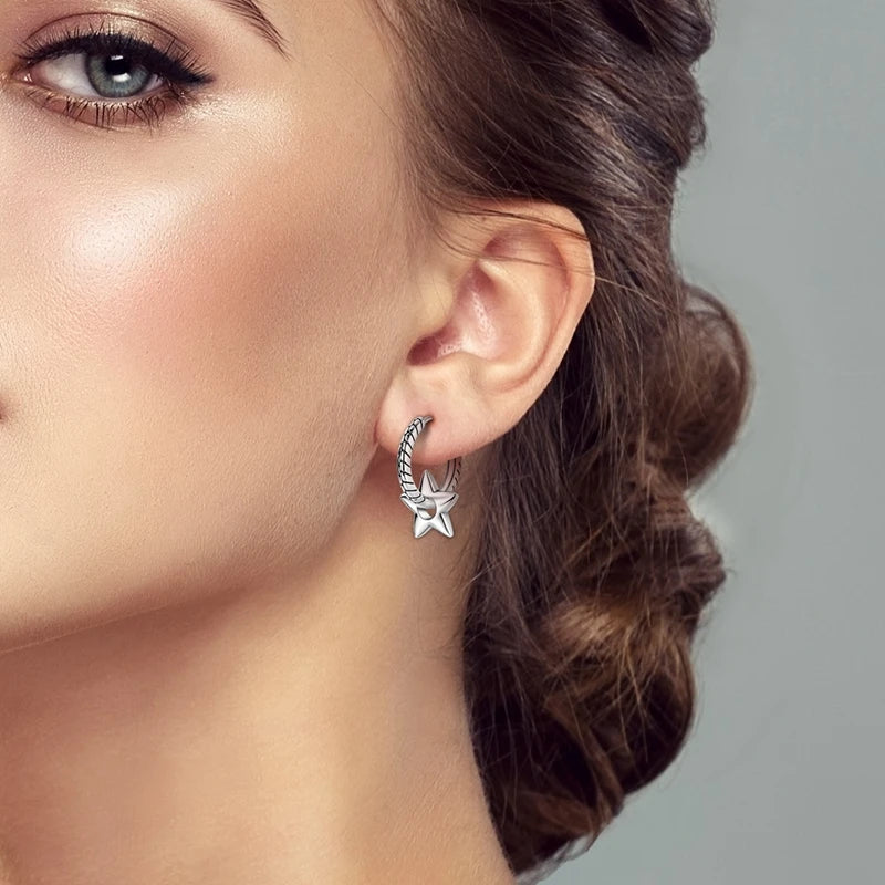 2024 New Sterling Silver S925 Ear Loops Star Ringed Snake Bone Earrings Pendant Simple Jewelry For Women Girls Party Gifts