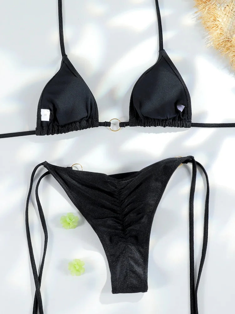 Sexy Bikinis Micro Thongs Swimsuit Women Bathing Suit Rings Biquini Bandage Beachwear Print Swimwear Sexy Bikini Sets With Chain