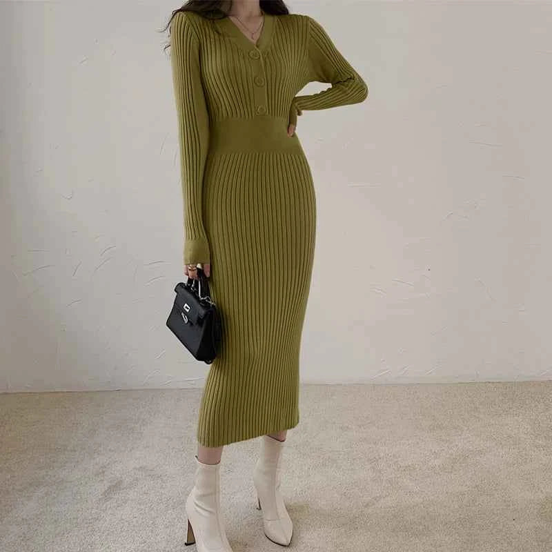 Autumn Winter Sweater Dress For Women 2024 New Arrivals Buttons Up V Neck High Waist Long Knitted Dress Korean Maxi Dresses