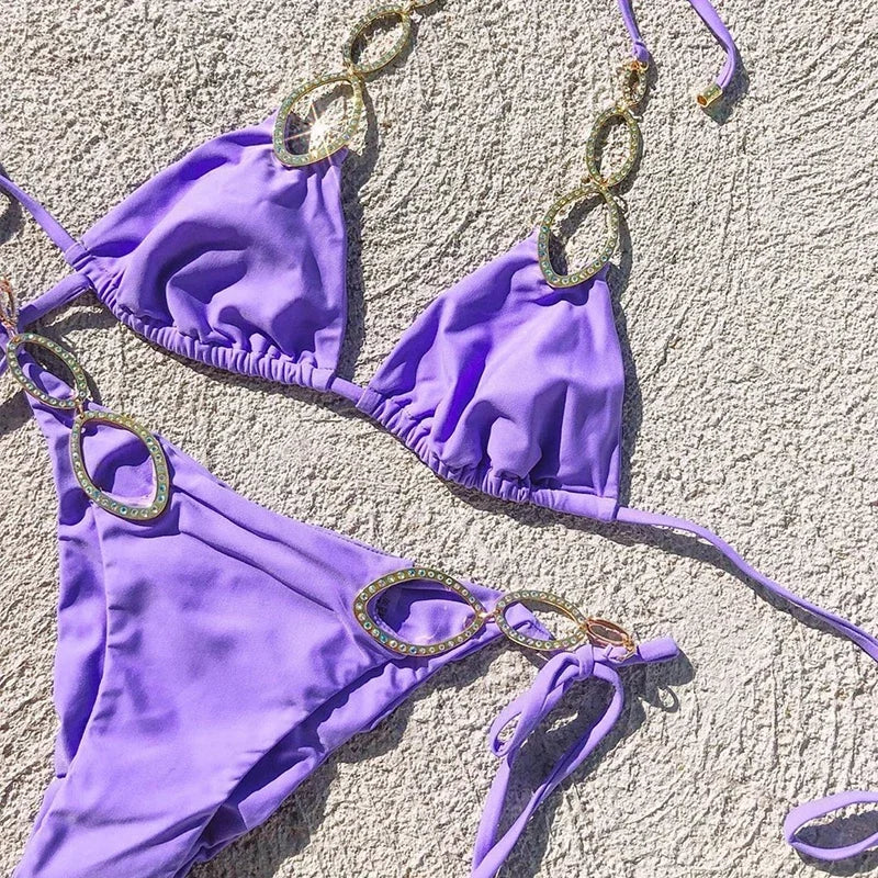 Metal Chains Rhinestones Diamond Bikini Women Swimsuit Female Swimwear Two Pieces Bikini Set Brazilian Bather Bathing Suit Swim