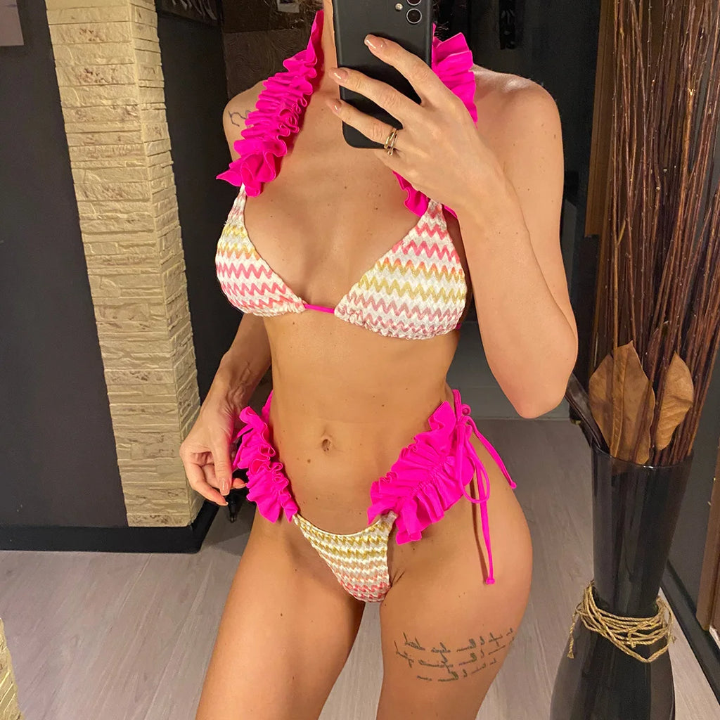 With Skirt Waved Ruffled Frilled Bikini Female Swimsuit Women Swimwear Three-Pieces Bikini Set Bather Bathing Suit Swim V5235