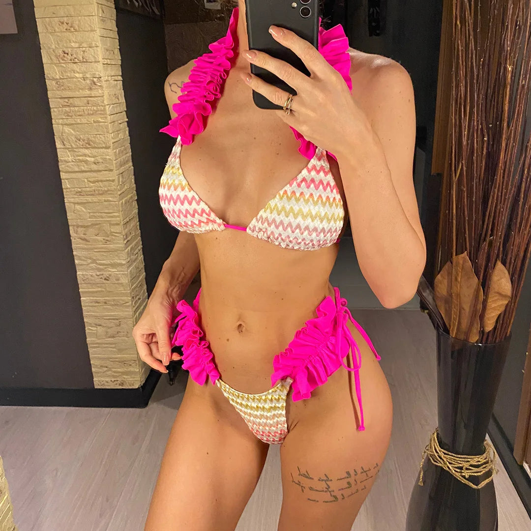 With Skirt Waved Ruffled Frilled Bikini Female Swimsuit Women Swimwear Three-Pieces Bikini Set Bather Bathing Suit Swim V5235