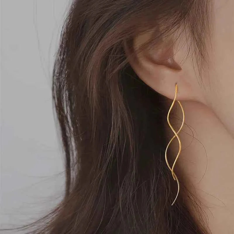 Long Spiral Ear Line Wave Drop Geometric Simple Rhinestones Metal Style Tassel Dangle Earrings for Women Party Fashion Jewelry N