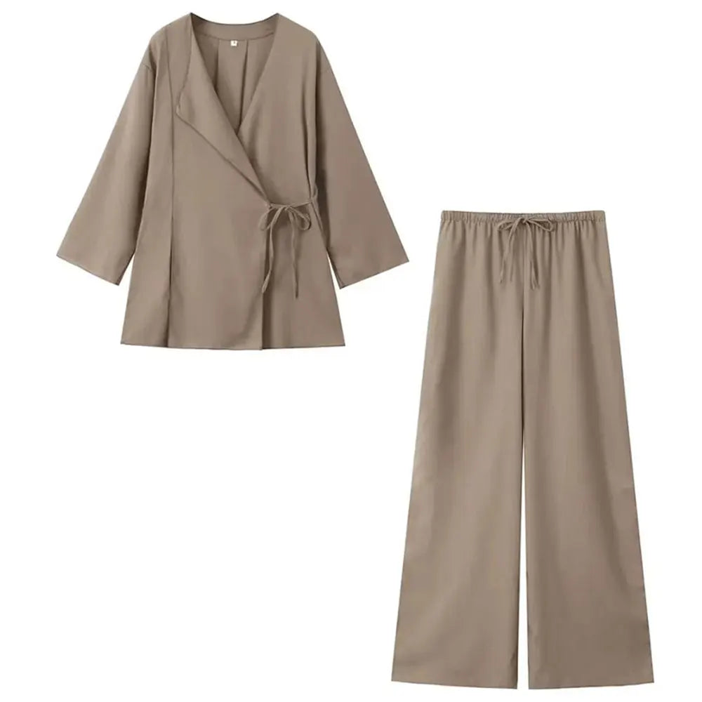 HH Pajama Style Pants Sets Women Fashion Kimono Style Lace Up Shirt Top Elastic Waist Trousers Women's Casual Outfits