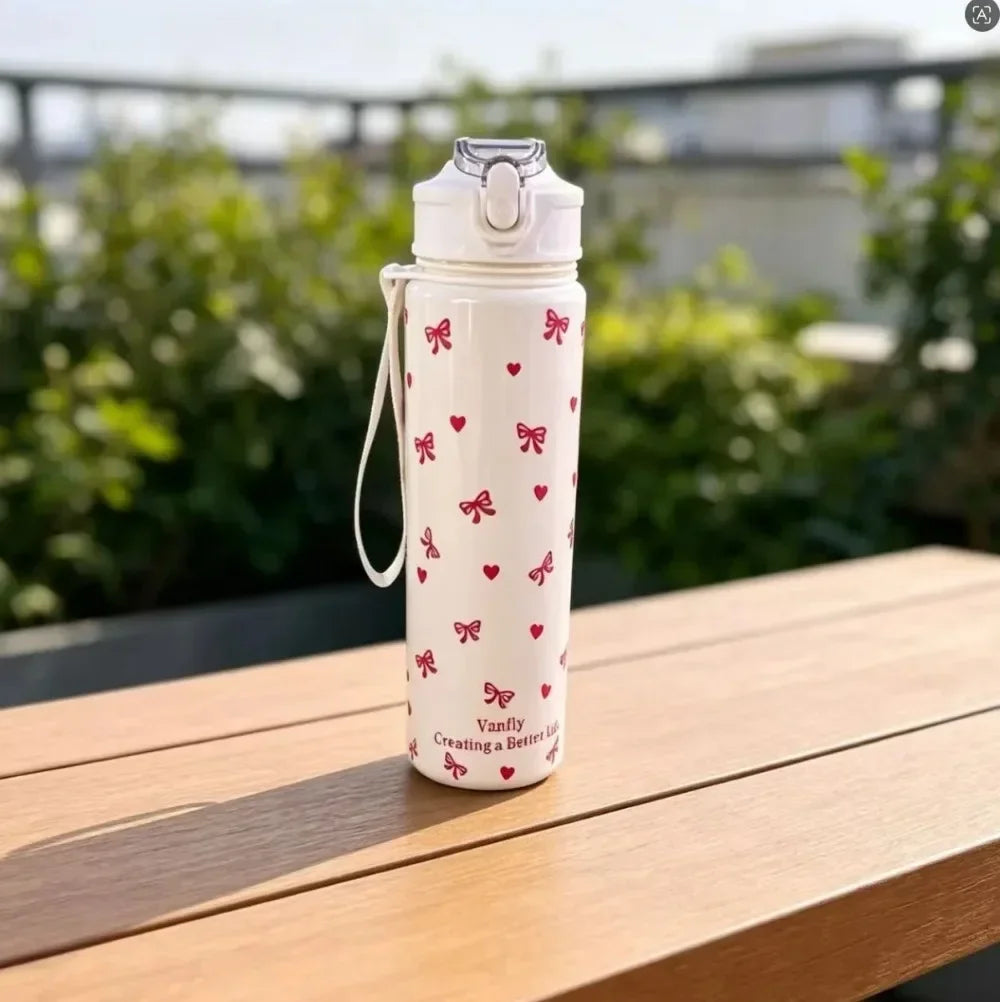 Cute Bow & Flower Water Bottle, Premium Texture Minimalist Design, Large Capacity, Lightweight and Leakproof with Portable